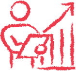 Red drawing of a person with a person holding a graph with a line going upwards and the words strong leadership.