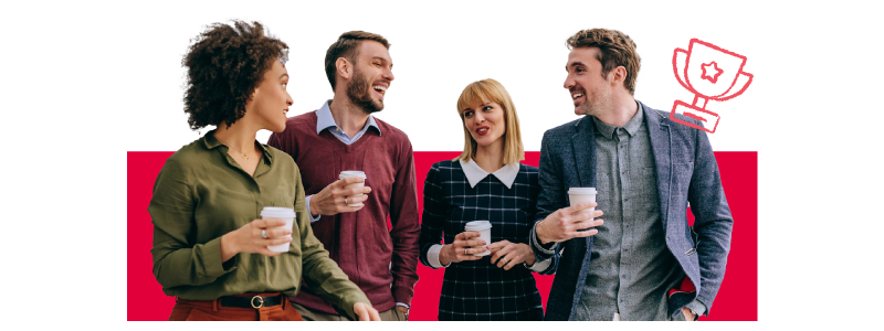 Four coworkers smiling and talking with to-go coffees.