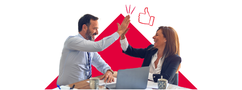 Two people high-fiving with a red triangle and thumbs-up icons in the background.